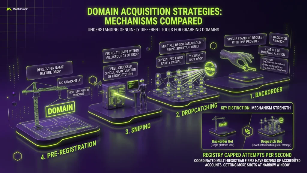 Backorder vs Dropcatching vs Sniping vs Pre-Registration infographic