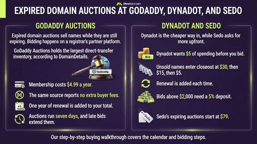 Expired Domain Auctions at GoDaddy, Dynadot, and Sedo